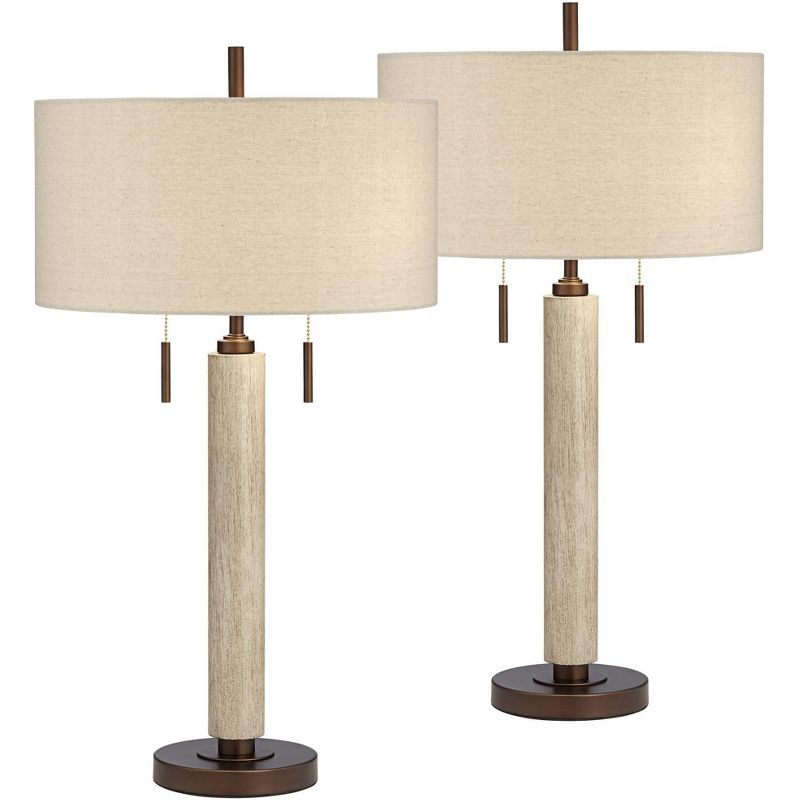 Franklin Iron Works Hugo 28 1/2" Tall Rustic End Table Lamps Set of 2 USB Port Pull Chain White-Washed Wood Finish Oatmeal Shade Living Room Charging, 1 of 10