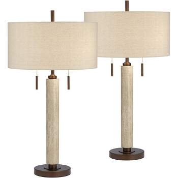 Franklin Iron Works Hugo 28 1/2" Tall Rustic End Table Lamps Set of 2 USB Port Pull Chain White-Washed Wood Finish Oatmeal Shade Living Room Charging