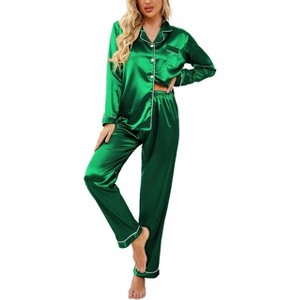 Ekouaer Women's Classic Button Down Long Satin Silk Pajama Set - 1 of 4