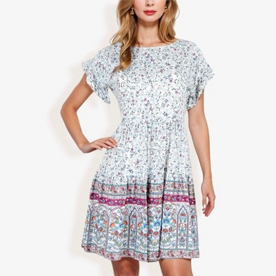 Anna-Kaci Women's Bohemian Floral Print Short Sleeve Swing Fashion Dress With Crew Neckline