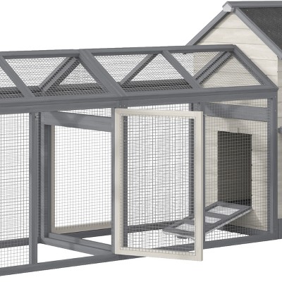 Gray and White Wooden Chicken Coop with Double Run and Nesting Box