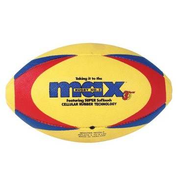 SportimeMax ProRubber Rugby Ball, Size 5, Yellow with Red/Blue Pattern