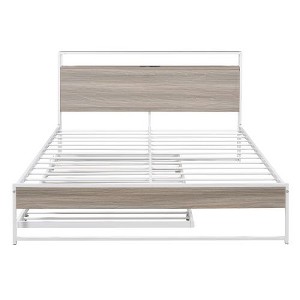 Queen Size Metal Bed Frame with Trundle, Built-in USB Ports, and Slat Support - 1 of 4