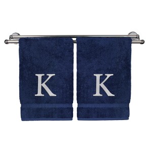 BC BARE COTTON Monogrammed Hand Towel, 100% Turkish Cotton - Set of 2 - Navy - White Block - 1 of 4