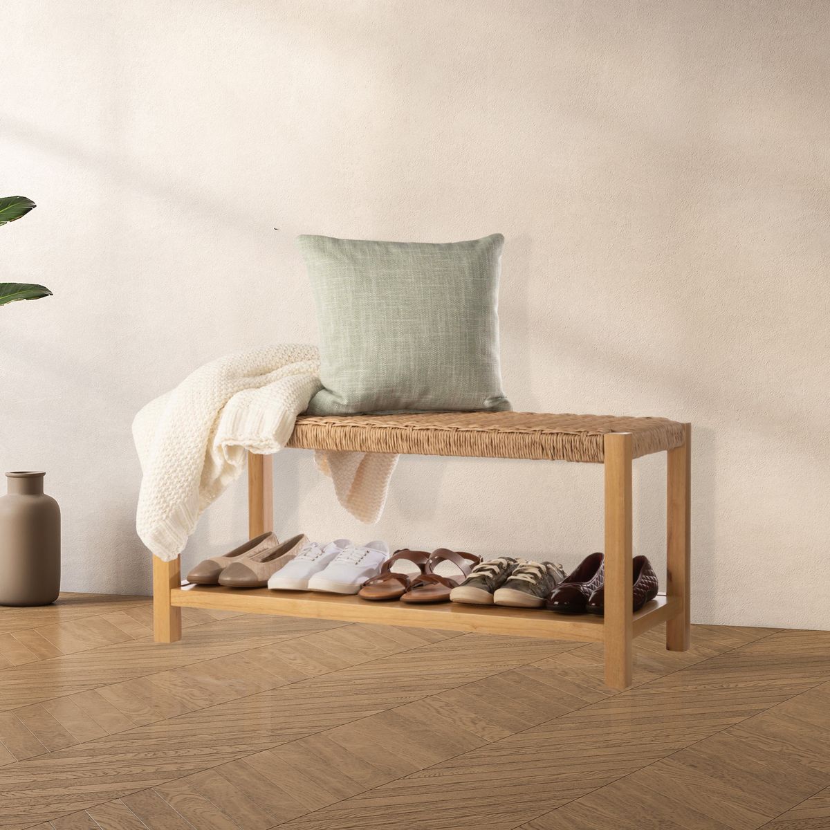 Alaterre Furniture Bench with Handcrafted Woven Rope Seat - Newport 40 in. Wood Bench with Storage Shelf for Entryway or Bedroom - thumbnail 5