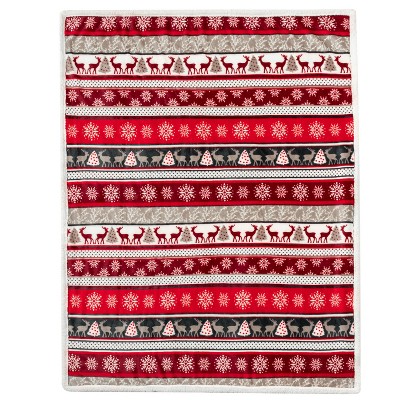 Holiday Reindeer Red and White Sherpa Fleece Reversible Throw Blanket