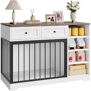 Dog Crate, Wooden Dog Kennel End Table with 2 Drawers and 4 Open Storage Shelves, Removable Bowls - 1 of 4