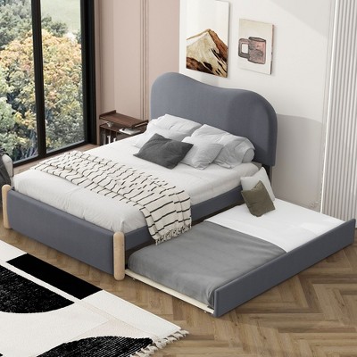 NicBex Twin/Full Size Upholstered Platform Bed with Twin Size Trundle and Wood Supporting Feet for Kids Teens Adults