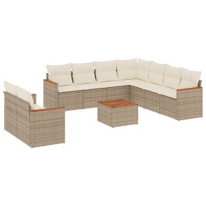 vidaXL 10 Piece Patio Sofa Set with Cushions Beige Poly Rattan - With Table - 1 of 4