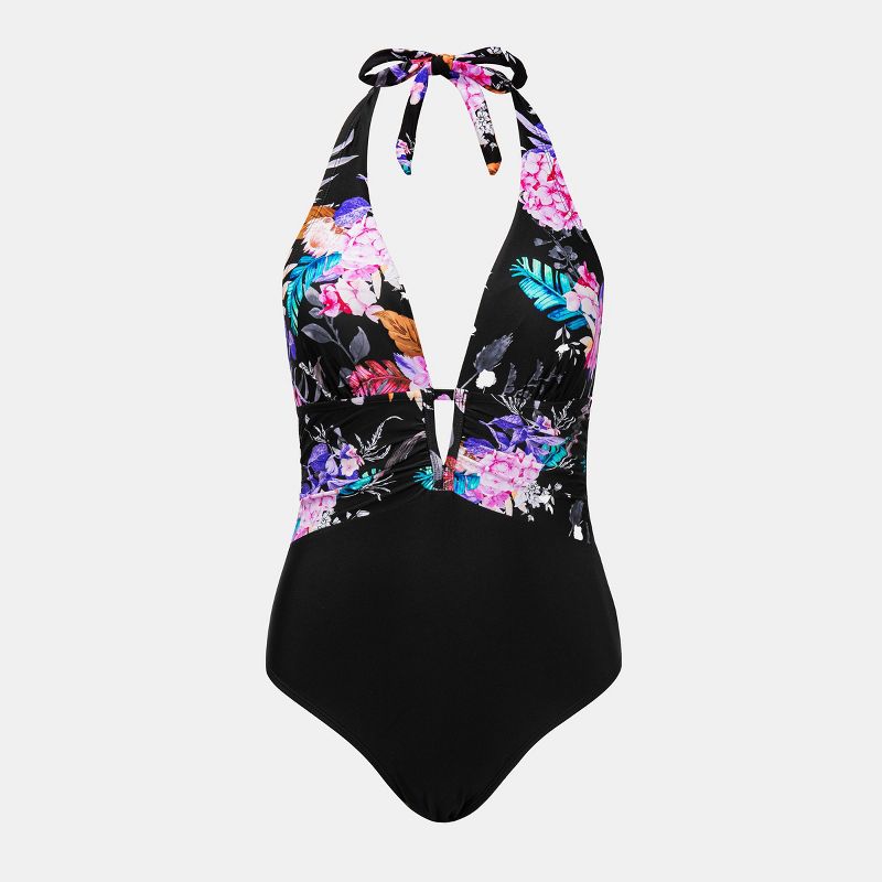 Women's Floral Halter Deep V Neck Available in Plus One-piece Swimsuit (XS-4XL) - Cupshe, 3 of 11