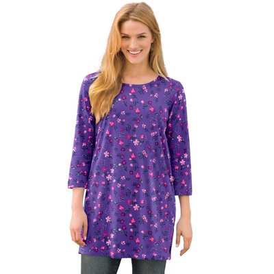 Woman Within Plus Size Perfect Printed Three-Quarter-Sleeve Scoopneck Tunic