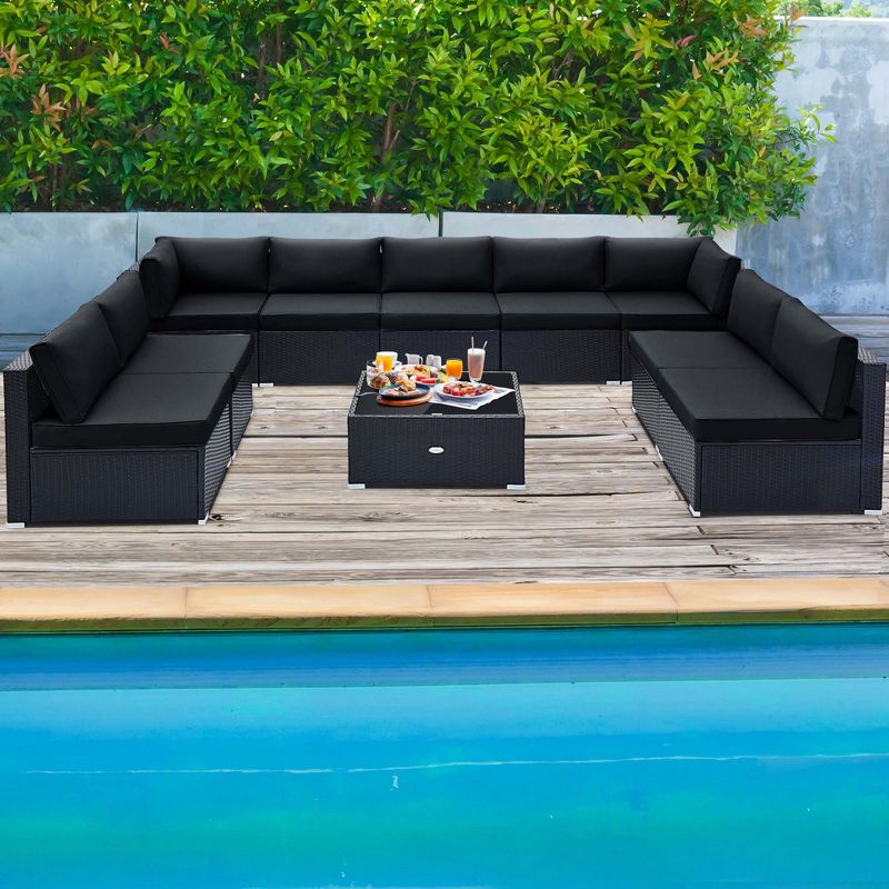 Costway 10 PCS Patio Rattan Furniture Set Outdoor Wicker Sofa Table Cushioned Seat Black/Brown, 4 of 11