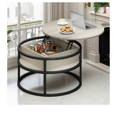 Round Lift Top Coffee Table with Storage and Hidden Compartment Wood Farmhouse Center Table For Living Room