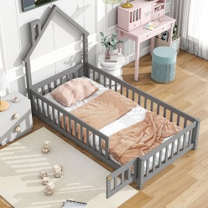 Nicbex Twin/Full House-Shaped Headboard Floor Bed with Fence and Door,Sturdy Wood Twin Montessori Floor Bed with Safety Guardrails for Toddlers - 1 of 4