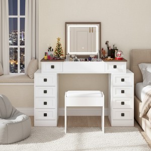 FONTOI 46.4"W Makeup Vanity Table Desk with Flip Up Mirror 10 Drawers and Stool for Woman Bedroom Dressing Room, Brown, 46.46"*15.75"*31.5" - 1 of 4