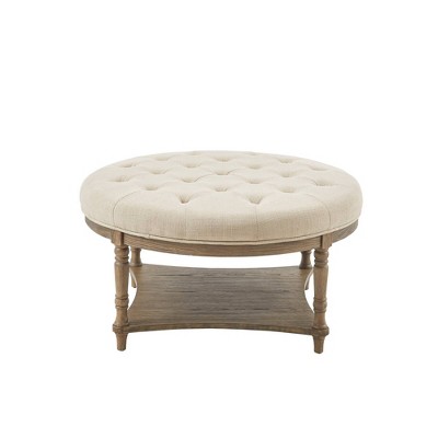 Elegant Cedric Tufted Round Ottoman with Storage in Cream