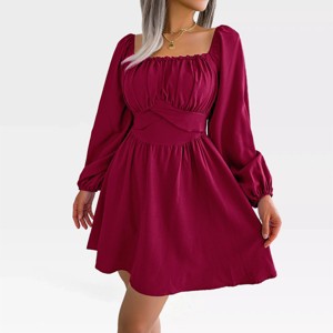 Womens Long Sleeve Dress Square Neck Smocked Dress Babydoll Dress Flowy Mini Dress Tie Back Dress Strappy Dress - 1 of 4