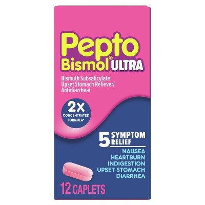 Pepto Bismol Caplets Ultra for Nausea, Heartburn, Indigestion, Upset Stomach, and Diarrhea - 5 Symptom Fast Relief 12 ct