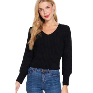 Slickblue Cozy V-Neck Ribbed Sweater, Long Puff Sleeve Detail, Black/Khaki/Vintage Blue, Sizes S-L - 1 of 4
