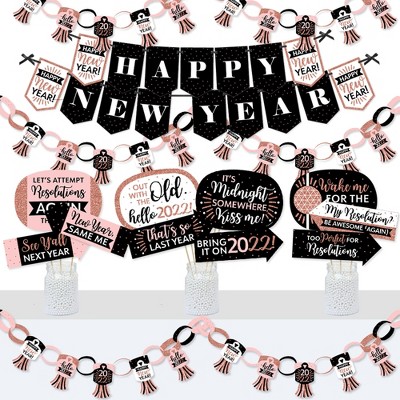 Big Dot of Happiness Rose Gold Happy New Year - Banner and Photo Booth Decorations - 2022 New Year's Eve Party Supplies Kit - Doterrific Bundle