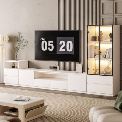 ATJafurn Media Console for TVs up to 75'', Modern Entertainment Center Living Room Cabinet Set Includes TV Stand Glass Display And Drawer Cabinet