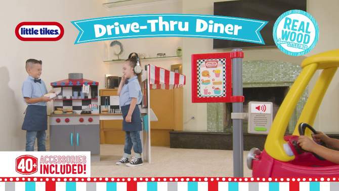 Little Tikes Drive Thru Diner Wooden Pretend Play Kitchen Toy 40pc Accessories for 2 Sided Play, 2 of 11, play video