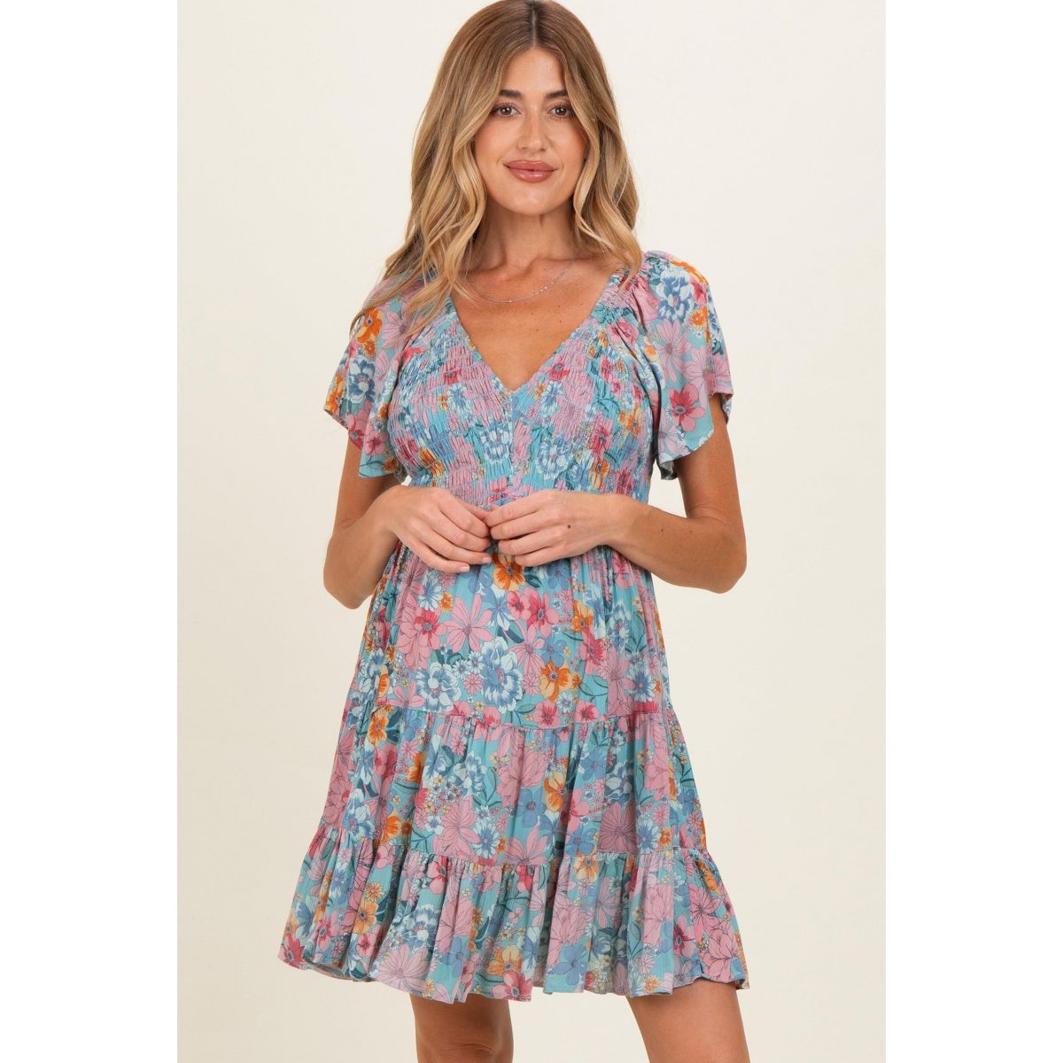 Pinkblush Teal V Neck Smocked Bust Short Sleeve Short Maternity Dress
