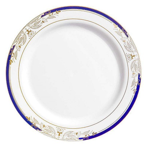 White with Blue and Gold Royal Rim Disposable Plastic Dinner Plates (10.25)