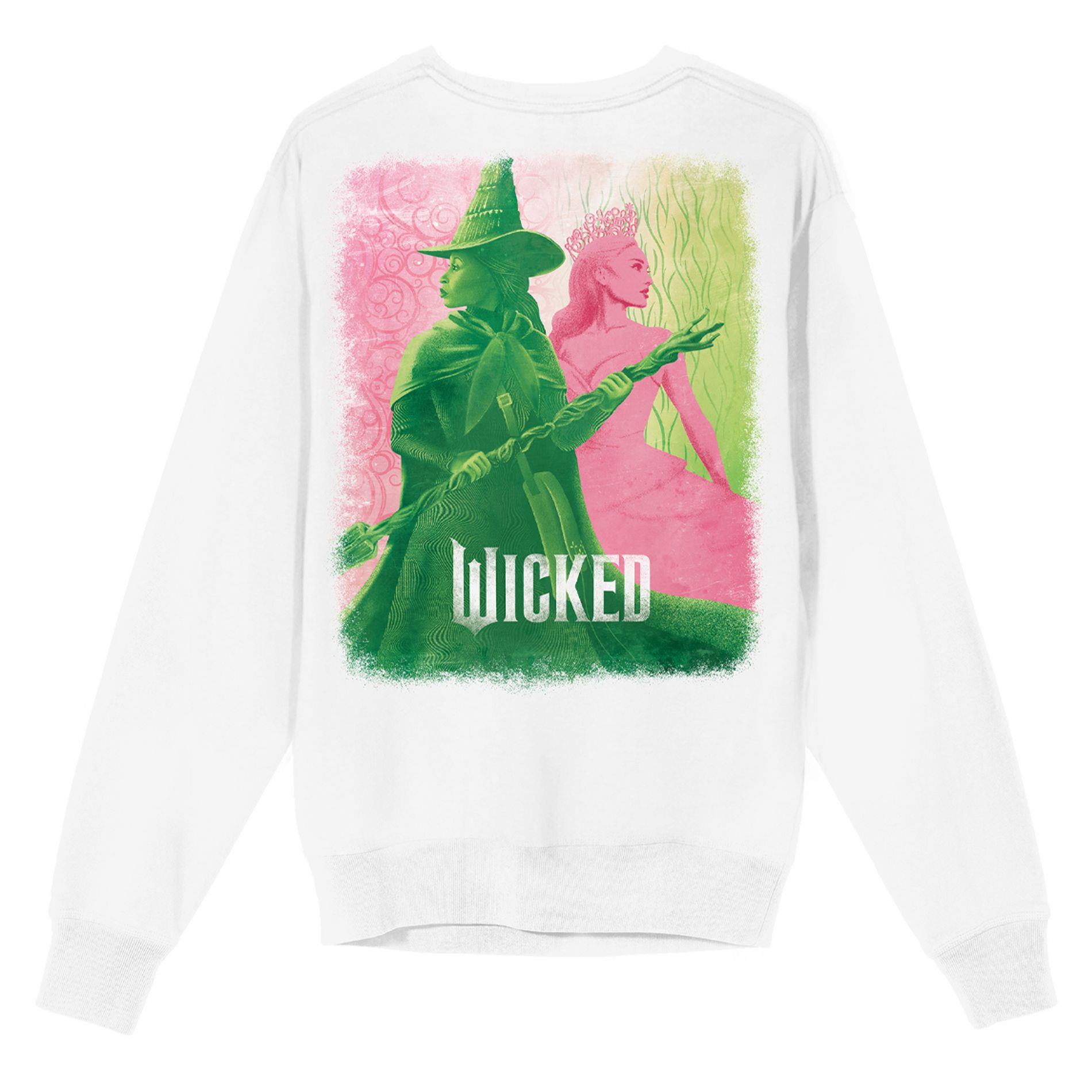 Wicked Part One Elphaba & Glinda Green & Pink Graphic Women's White Crew Neck Long Sleeve Sweatshirt