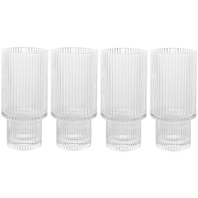 American Atelier Vintage Art Deco 11 oz. Fluted Drinking Glasses 4-Piece, Unique Cups for Weddings, Cocktails or Bar, Ribbed Glass Cup