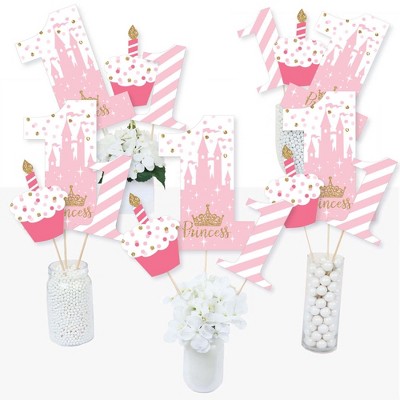 Big Dot of Happiness 1st Birthday Little Princess Crown - Pink and Gold Princess First Birthday Party Centerpiece Sticks - Table Toppers - Set of 15