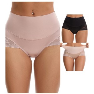 INSPIRE CHIC Women's Hi-Cut Satin High Waisted Lace Trimmed Tummy Control Underpants Briefs 3 Packs - 1 of 4