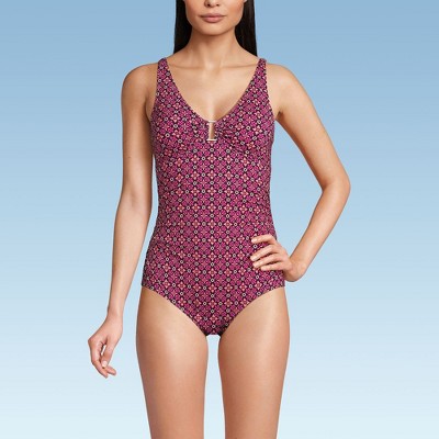 Lands' End Womens Chlorine Resistant V-Neck Hardware One Piece Swimsuit