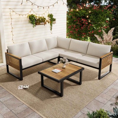 4 PCS Outdoor Sofa Set, Industrial Style Sofa Set with Table, Acacia Wood Sofa with Metal Frame and Polyester Cushion-Coolbibila