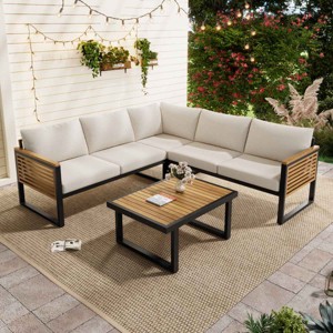 4 PCS Outdoor Sofa Set, Industrial Style Sofa Set with Table, Acacia Wood Sofa with Metal Frame and Polyester Cushion-Coolbibila - 1 of 4