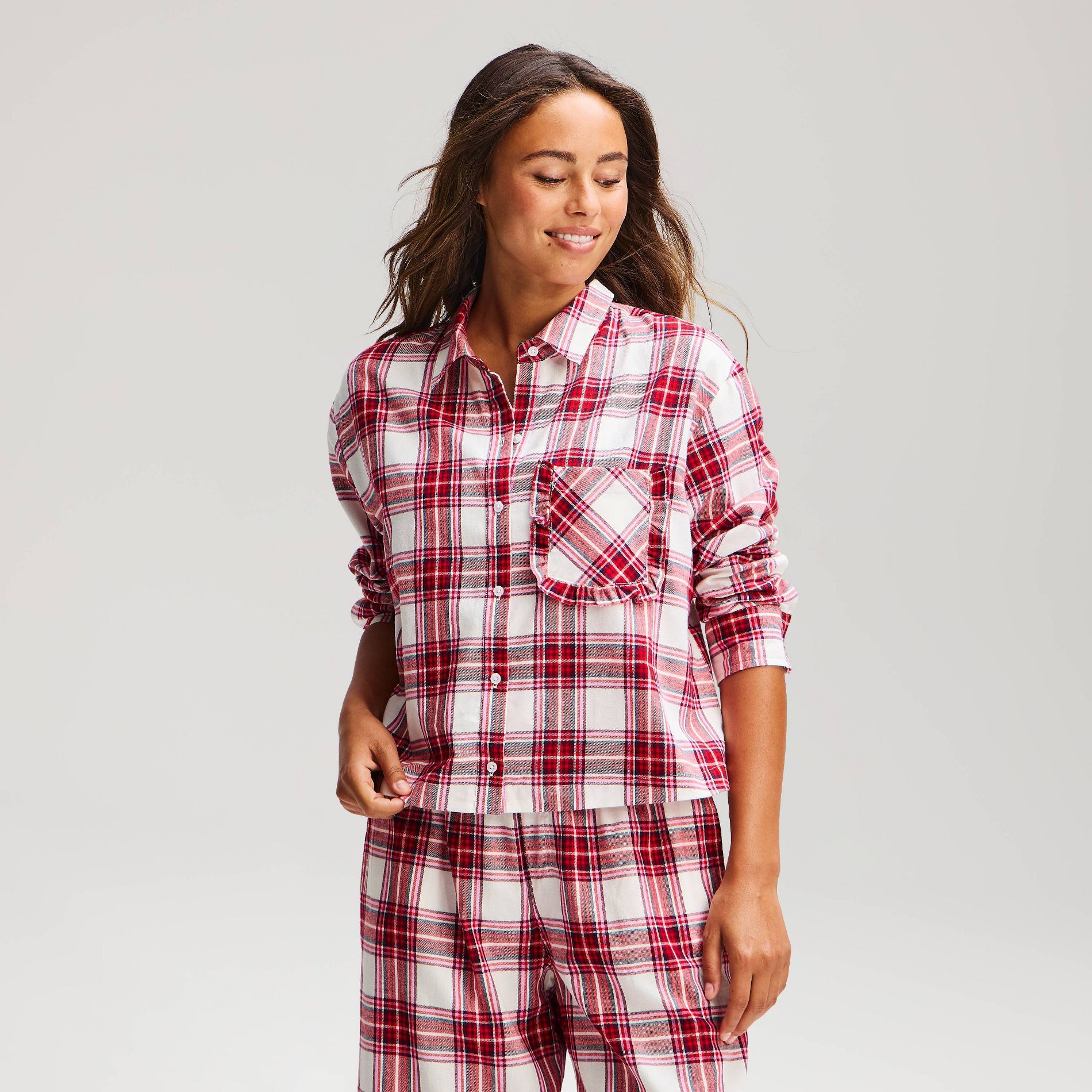 Women's Flannel Cropped Long Sleeve Pajama Top - Wild Fable™