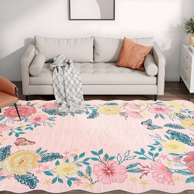 Rug, Machine Washable Non-Slip Floral Accent Carpet for Living Room, Bedroom, Kids Room, Stain-Resistant Easy-Clean Indoor Floor Mat