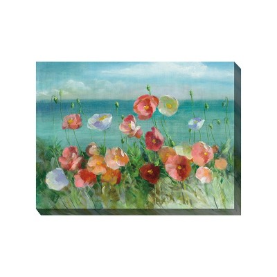 Cottage Garden West of The Wind Seaside Poppies Pink, Green 40 x 30 Inch Waterproof Gallery Wrapped Canvas, Outdoor Garden, Yard, Patio All Weather