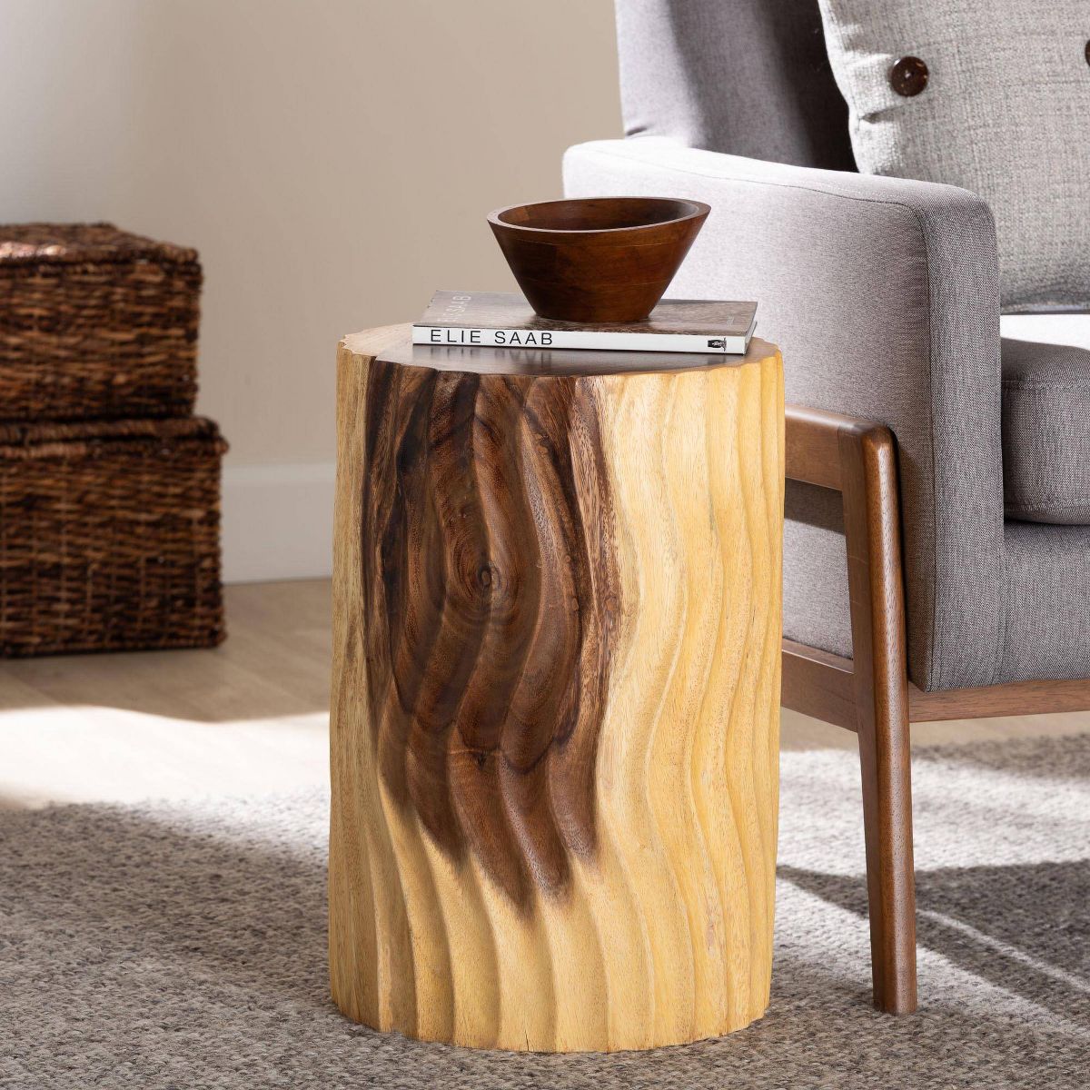 bali & pari Fuchsia HandCarved Suar Wood Side Table Natural Brown - thumbnail 5