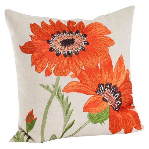 18 x18 Embroidered Flower Square Throw Pillow Orange Saro Lifestyle Cotton Linen Indoor Decor