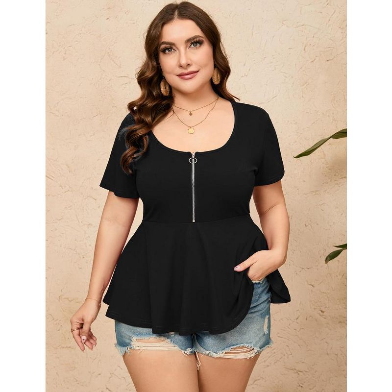 Whizmax Women Plus Size Sexy Half Zipper T-shirt Dressy Blouses Short Sleeve Babydoll Peplum Summer Tops, 3 of 8