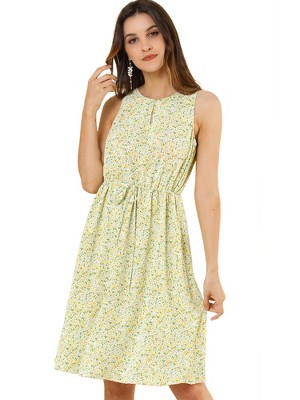 Allegra K Women's Floral Split Neck Drawstring Waist Sleeveless A-Line Summer Midi Dress