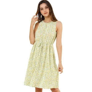 Allegra K Women's Floral Split Neck Drawstring Waist Sleeveless A-Line Summer Midi Dress - 1 of 4