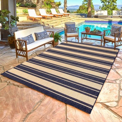 Paseo Navy and Beige Striped Outdoor Rug 5'3"x7'