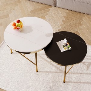 Modern Round Nesting Coffee Table Set 2-Piece Black & White Sintered Stone Top Gold Base in 23.6''&17.7'' - 1 of 4