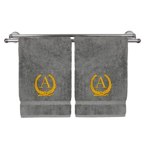 BC BARE COTTON Monogrammed Hand Towel, 100% Turkish Cotton - Set of 2 - Gray - Gold Wreath - 1 of 1