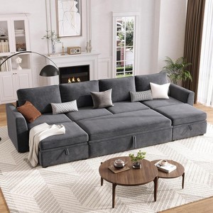 Sectional Sleeper Sofa with Pull Out Bed, Chenille Modular Sectional Sofa U Shaped Couch with Pull Out Couch and Storage Seat & Ottoman - 1 of 4