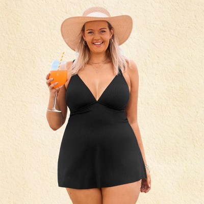 Women's Plus Size Ribbed Tie-Back Swimsuit Dress - Cupshe