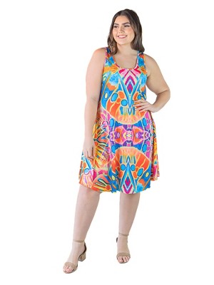 Plus Size Dress Multi Colored Design Knee Length Flowing Style