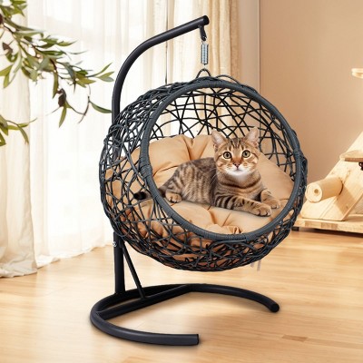 LAOTIES Indoor And Outdoor Cat Swing Bed with Stand,Hanging Rattan Wicker Egg Chair With Cushion,Cozy Hammock For Cats And Small Pets